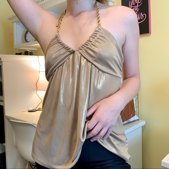 Y2K Gold Metallic Halter Neck Top with Chains - Picture 2 of 10